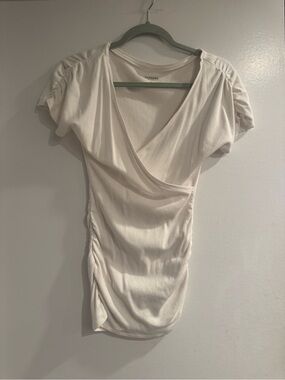 Y2K Express White Wrap-Front Ruched Short Sleeve Top XS Sexy Fitted Basic Tee